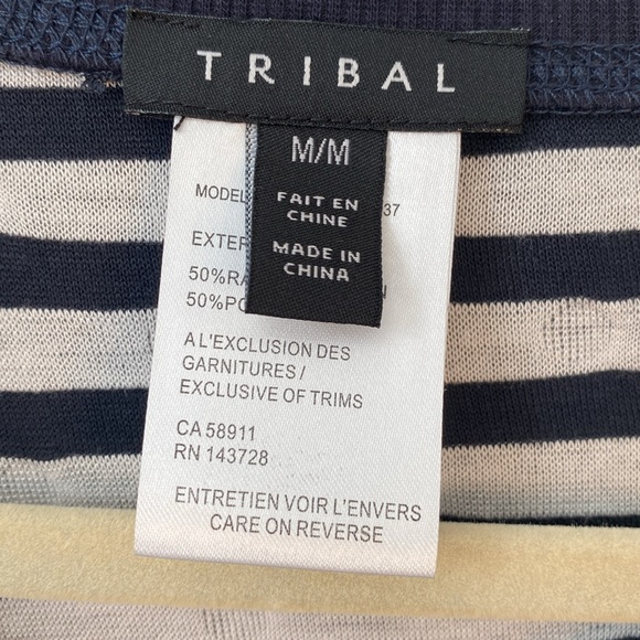 TRIBAL top Women’s Medium 3/4 Sleeves Navy Off White Polka Dots and Stripes - Picture 4 of 7